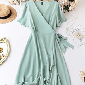 Butterfly Sleeve Knot Side Ruffle Trim Wrap Dress - Mint Green